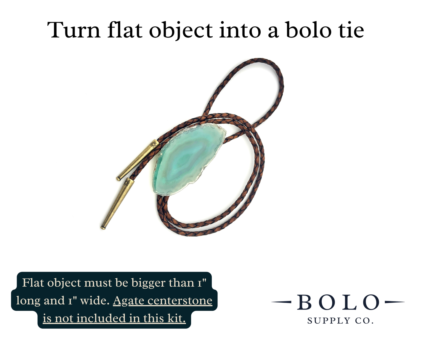 Bolo tie with agate centerstone and leather cord on a white background, featuring text from Bolo Supply Co.