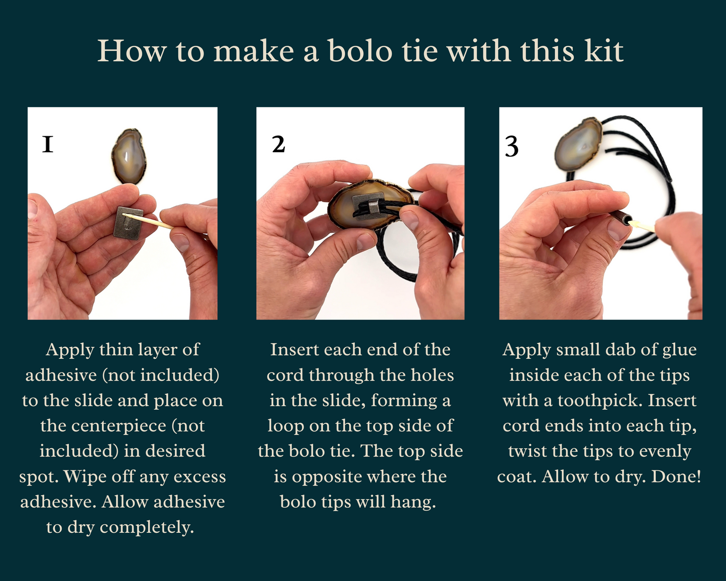 Step-by-step guide on how to make a bolo tie using a kit, with text and images of hands performing actions.