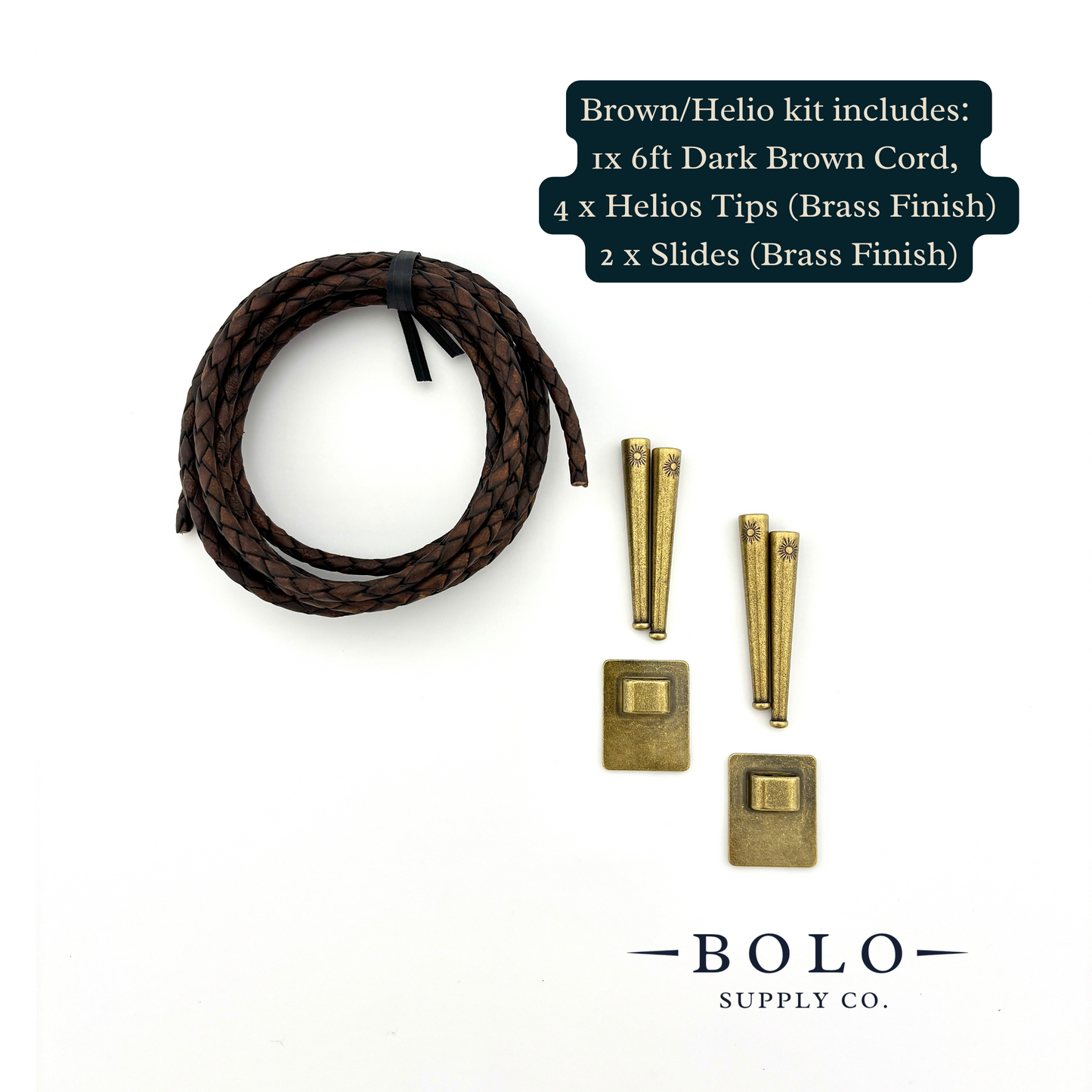 Brown/Helio kit with cord, tips, and slides on a white background, featuring Bolo Supply Co. branding.