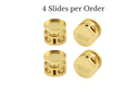 4 gold 5mm Bezel Bolo Slides arranged, showcasing push button mechanism and 20mm bezel for custom branding.