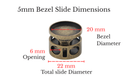 5mm Bezel Bolo Slide showing dimensions including bezel and total slide diameters for product specifications.
