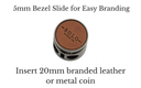 5mm bolo tie slide with bezel button featuring branded leather or metal coin insertion.