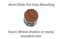 5mm bolo tie slide with bezel button featuring a leather insert for easy branding.