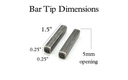 Bar bolo tie tips with dimensions 1.5 inches long and 0.25 inches wide, featuring 5mm opening.