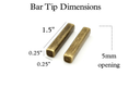 Bar bolo tie tips dimensions showing 1.5 inch length and 0.25 inch width, featuring a 5mm opening.