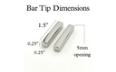 Bar bolo tie tips dimensions showing 1.5 inch length, 0.25 inch width, and 5mm opening.