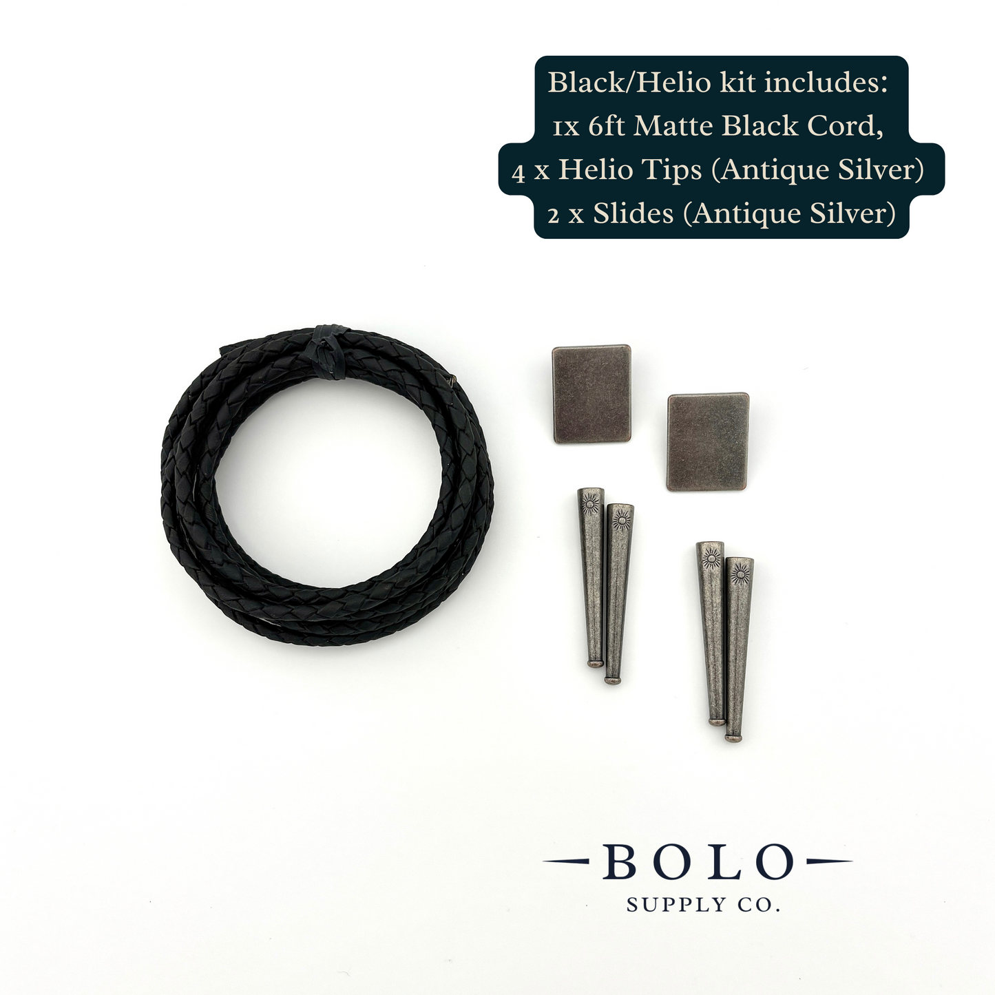 Black/Helo kit with matte black cord, helio tips, and slides on a white background, featuring BOLO Supply Co. branding.