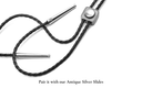Helio - sun motif bolo tie tips displayed with Antique Silver Slides for a stylish look.