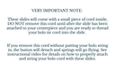 Instructions for using premium bolo tie slides with caution about cord removal.