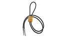 Helio - sun motif bolo tie tips shown with a stylish design and black cords, featuring a unique yellow accent.