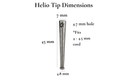 Helio - sun motif bolo tie tips dimensions diagram with measurements including hole size and cord fit.