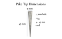 Pike Bolo Tie Cord Tips dimensions showing 47 mm length, 7 mm width, and 5 mm hole size.