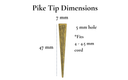 Pike bolo tie aglets with dimensions 7 mm width, 47 mm height, designed for 4-4.5 mm cord fitting.