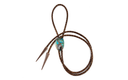 Pike bolo tie aglets with sleek design enhancing bolo tie collection, showcasing brown leather and unique decorative stone.