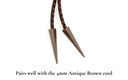 Pike bolo tie aglets with antique brown cord, featuring sleek and tapered design for enhanced style.