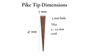 Pike bolo tie aglets dimensions showing 7 mm width, 47 mm length, and 5 mm hole for 4-4.5 mm cord.
